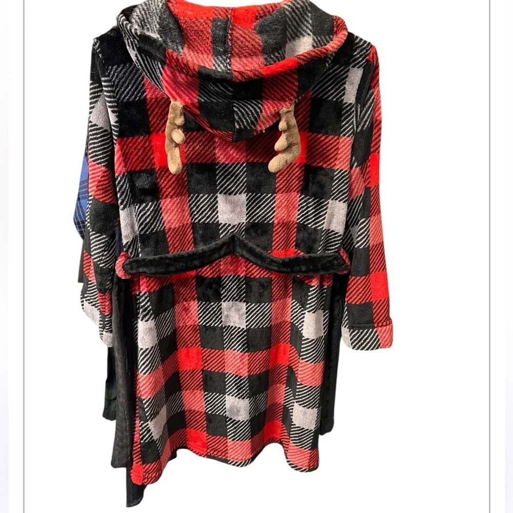 Cuddl Duds Kids Buffalo Plaid Fleece Hooded Robe w/ Antlers L (12/14)